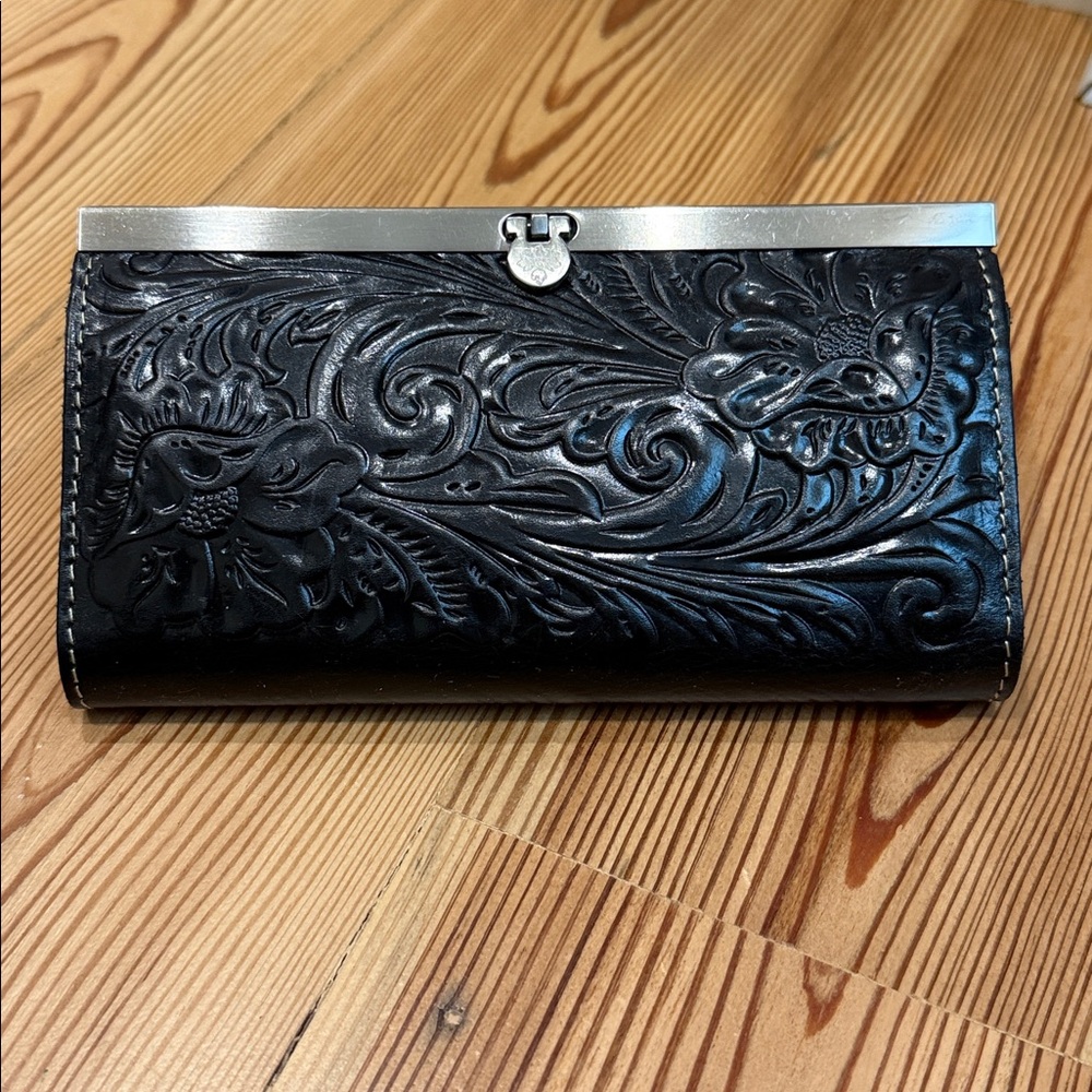 Patricia Nash Tooled Black Leather Floral Wallet/Clutch with Silver Trim